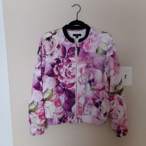 NYC Floral Print Bomber Jacket in Light Pink